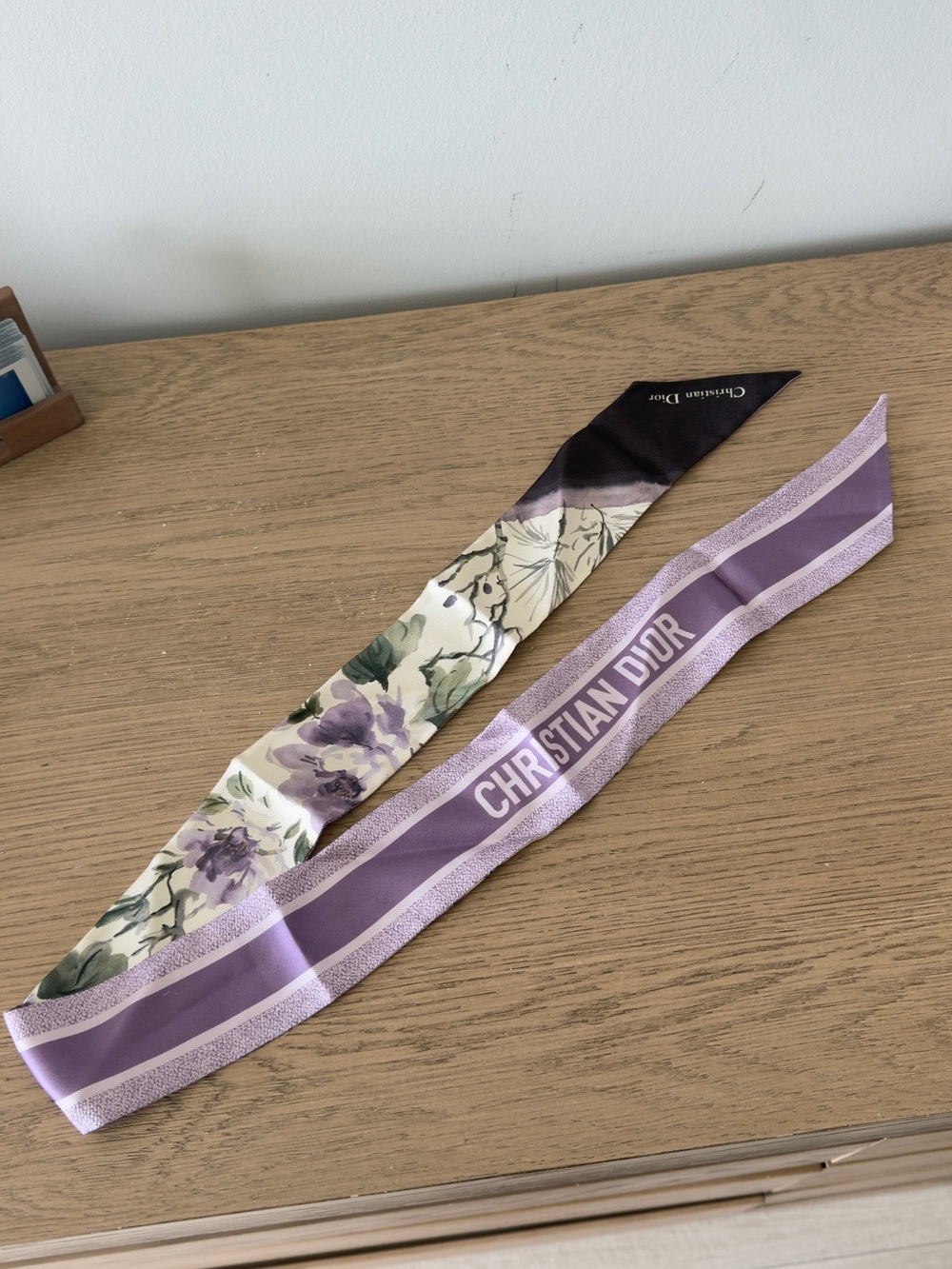 Dior Lavender Floral Silk Twilly with Logo Stripe